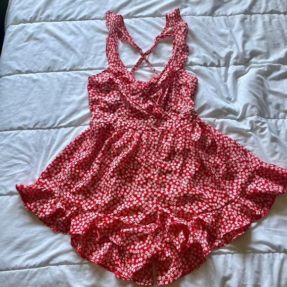 Red Ditsy Floral Romper with Open Back Detail - Picture 4 of 4